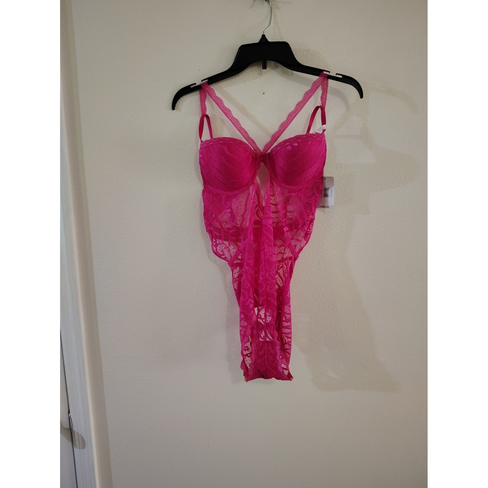 French Affair Very Berry Lace Peek-A-Boo Bodysuit Pink Underwire L